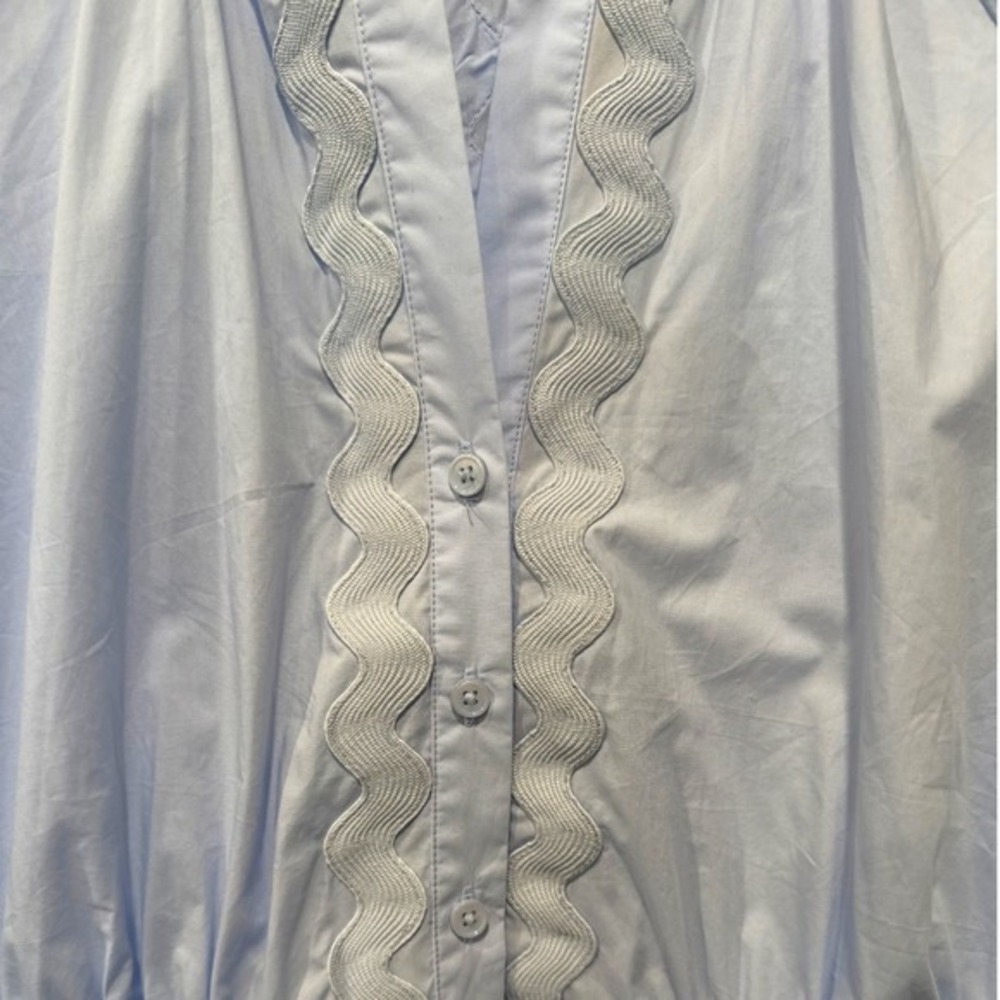 Sundays Full Button Front Mini Dress XS Ruffle Neck Sky Blue Belt Cottagecore - Picture 6 of 11